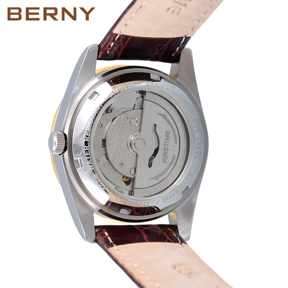 BERNY Men Gold Automatic Wristwatch Seagull 1632 Mechanical Leather Waterproof Relogio Masculino Day Date Calendar Luminous Hand