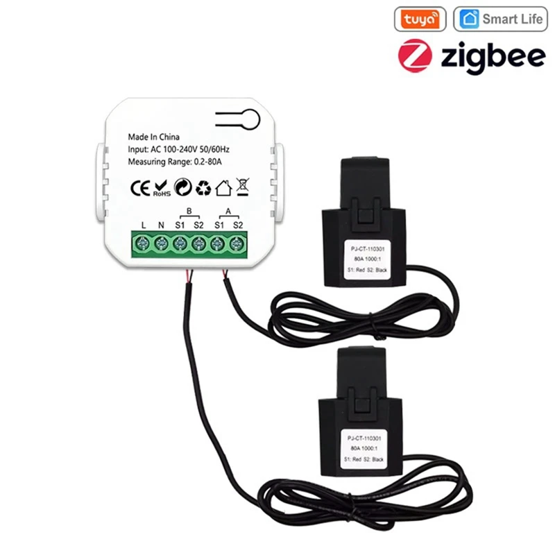 Tuya Smart ZigBee Energy Meter 2 Way Bidirectional with Current Sensor Clamp App Monitor Power 100-240VAC,2 Channels 2CT-A82Z