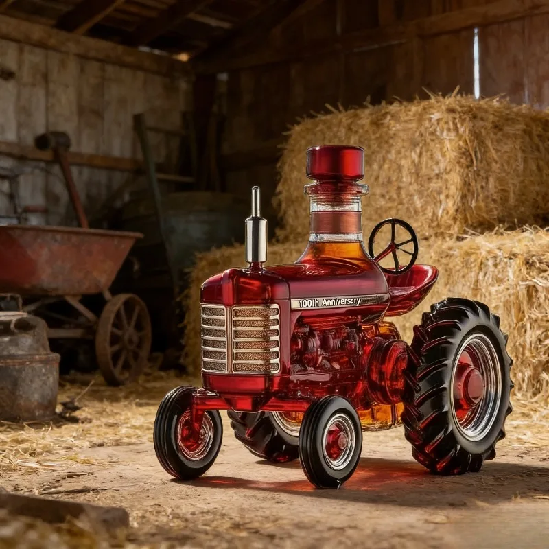 100th Anniversary Vintage Tractor Shaped Whiskey Decanter, Red Farm Tractor Design Liquor Bottle, Premium Gift for Farmers