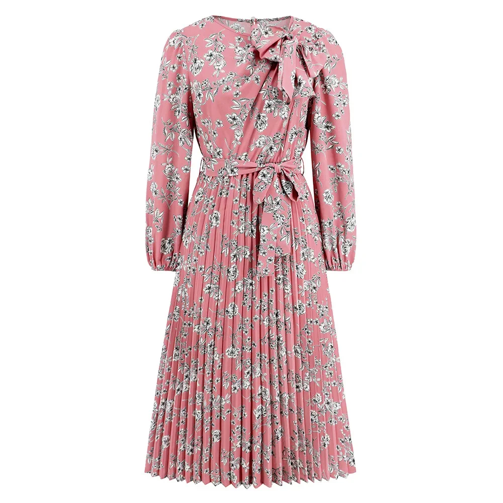 Women's New Autumn Print Pleated Skirt Fashion Temperament Round Neck Long Sleeves Broken Floral Vintage Bow Dress Vestidos