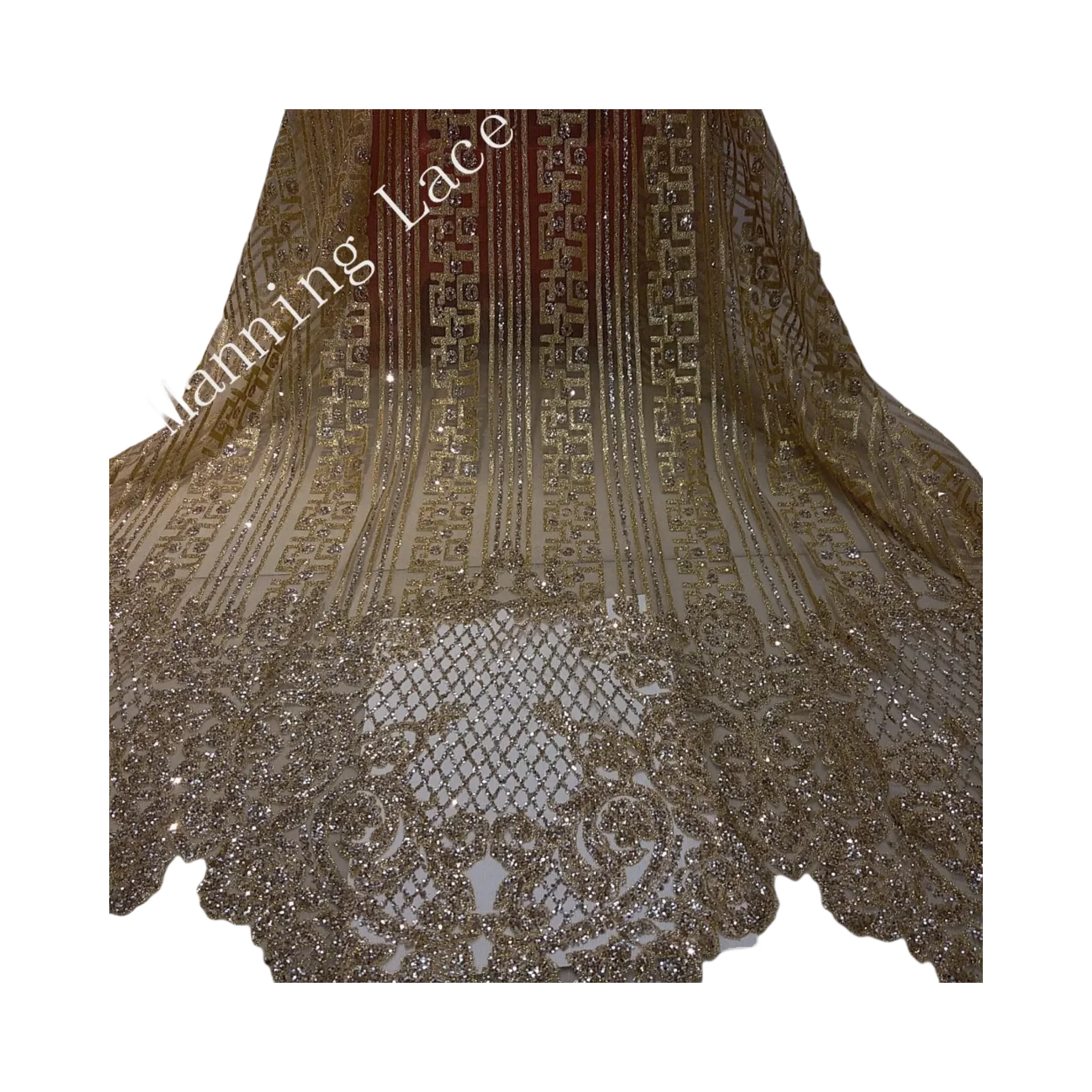 

New Design Fashion Design 5 Yards Gold Color Hand Made Print Glitter Tulle Fabric for Wedding /Evening /Party Dress