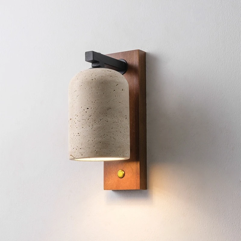 

Japanese Style Yellow Cave Stone Wall Lamp Wooden Base Design E27 Screw Mouth Bedroom Bedside Light Living Room Hallway Lighting