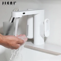 JIENI Bathroom Basin Sensor Faucet With Foam Soap Dispenser Deck Mounted Single Hole Touch Free Hot Cold Water Outlet Mixer Taps