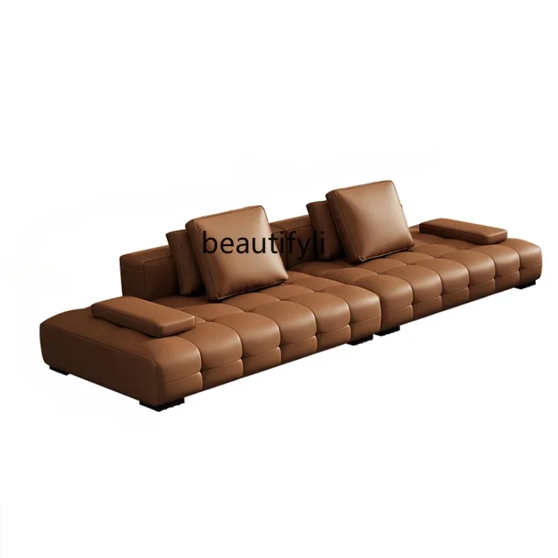 

Large Apartment Living Room Full Leather Sofa First Layer Cowhide High-End French Italian Mansion Villa Module Sofa