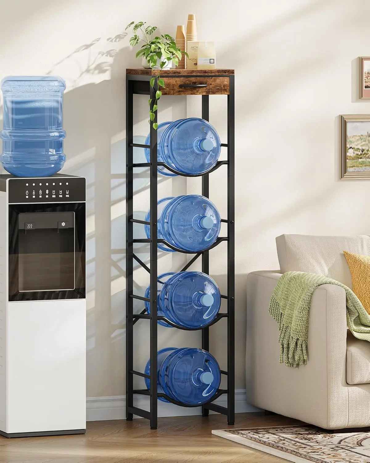 

Подставка для 5-галлонных бутылей с ящиком, 4-ярусная полка для хранения чайников на кухню, черная и в деревенском стиле коричневая