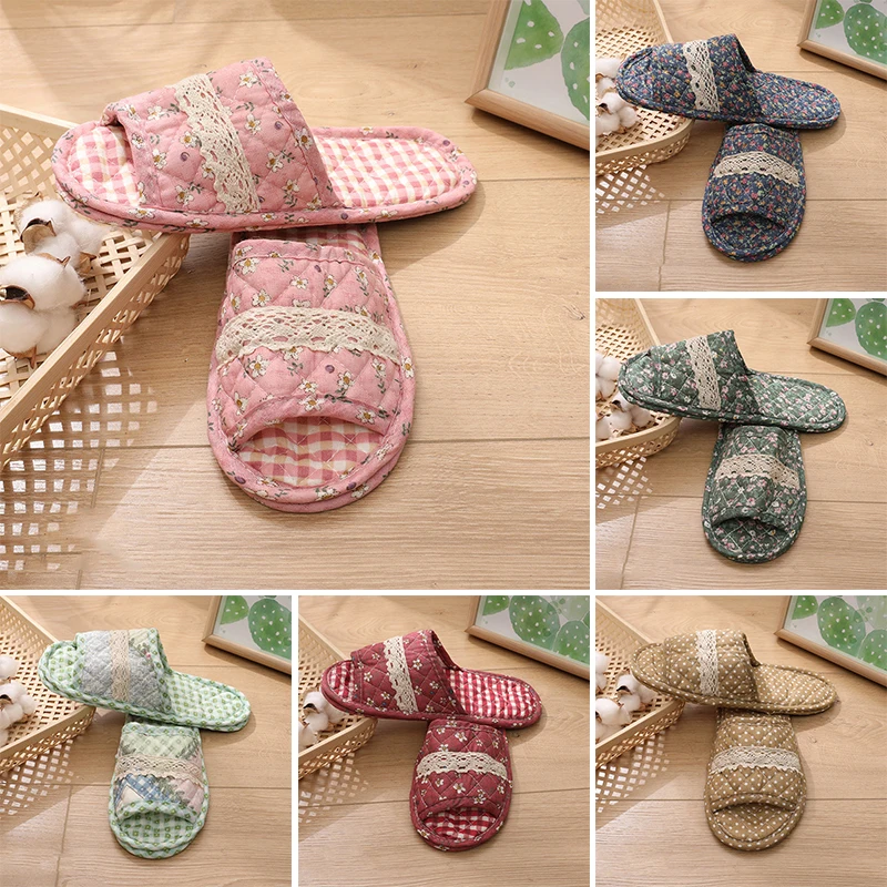 Women Indoor Cotton Slippers Vintage Couple Floral Bedroom Carpet Slippers Soft Toe Sole Slippers Non-Slip Travel Flat Shoes