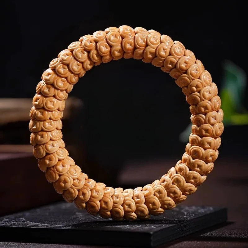 Chinese Style Good Luck Wealth Attracting 15mm Carved Copper Coin Pattern Monkey Head Walnut Single Circle Beaded Bracelet Unise