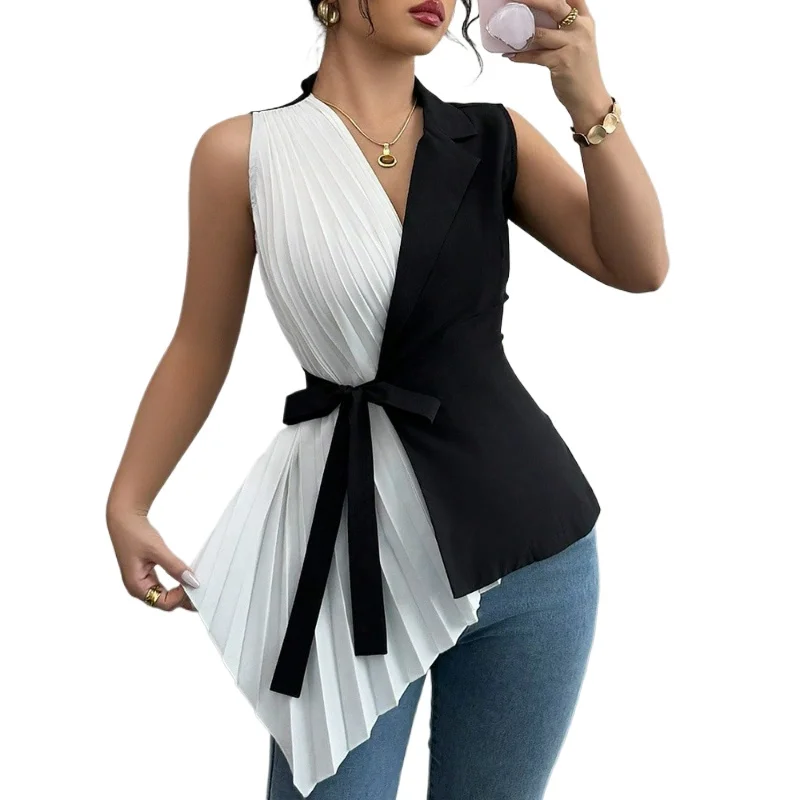 النمط الأوروبي الأمريكي المرأة البدلة الأعلى 2026 صيف جديد عصري أنيق نمط سليم أكمام الخامس الرقبة دعوى البنطال القصير #3