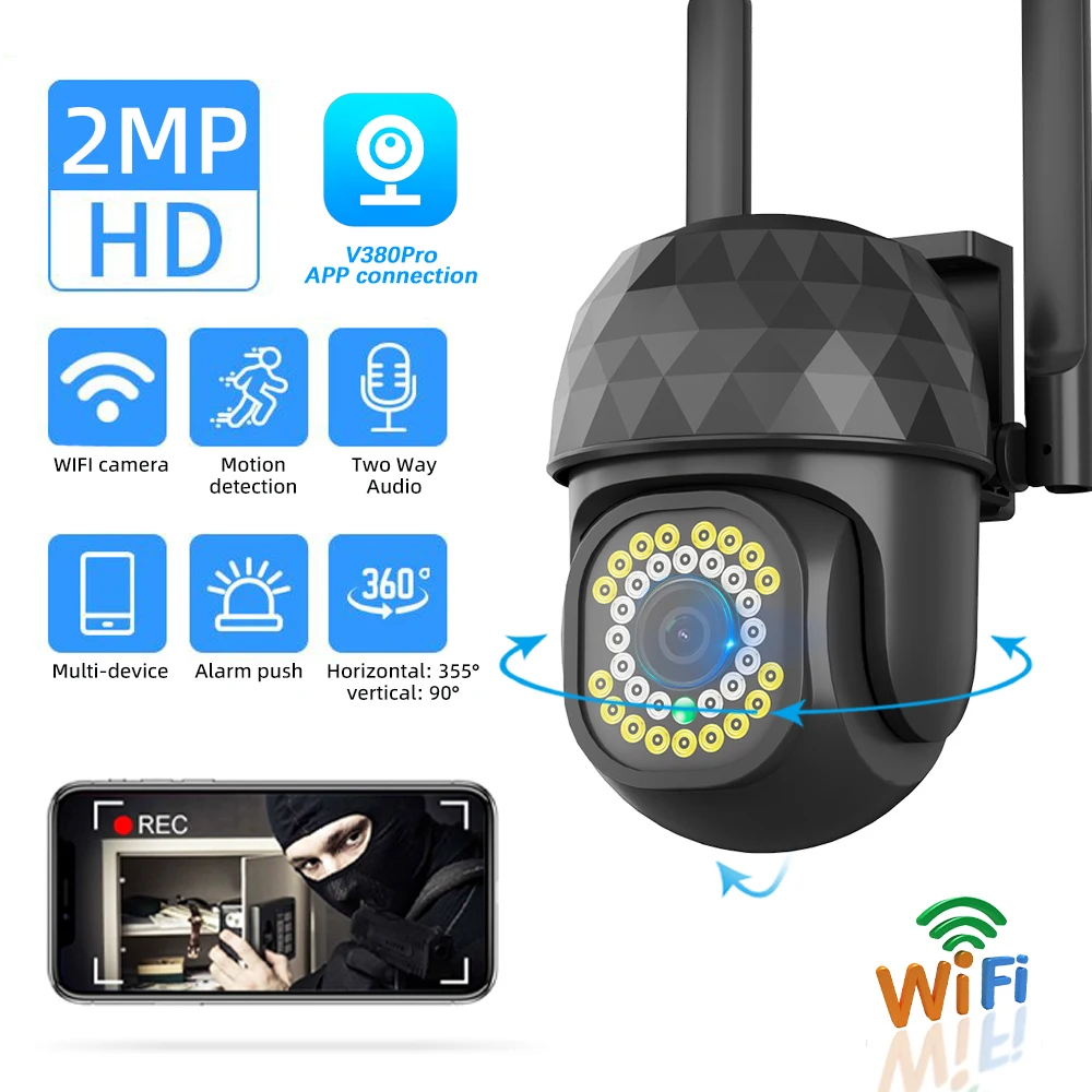 V380 Pro 2MP Ultra HD PTZ 2.4G WiFi LED Outdoor H265 AI Human Detection 1080P Audio IP Camera Auto Tracking Video Surveillance