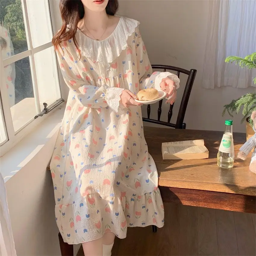 Floral Women Nightgown Korean Style Sleepwear Long Sleeve One Piece Pajamas Autumn Lace Night Dress Home Sleeping Wears New In