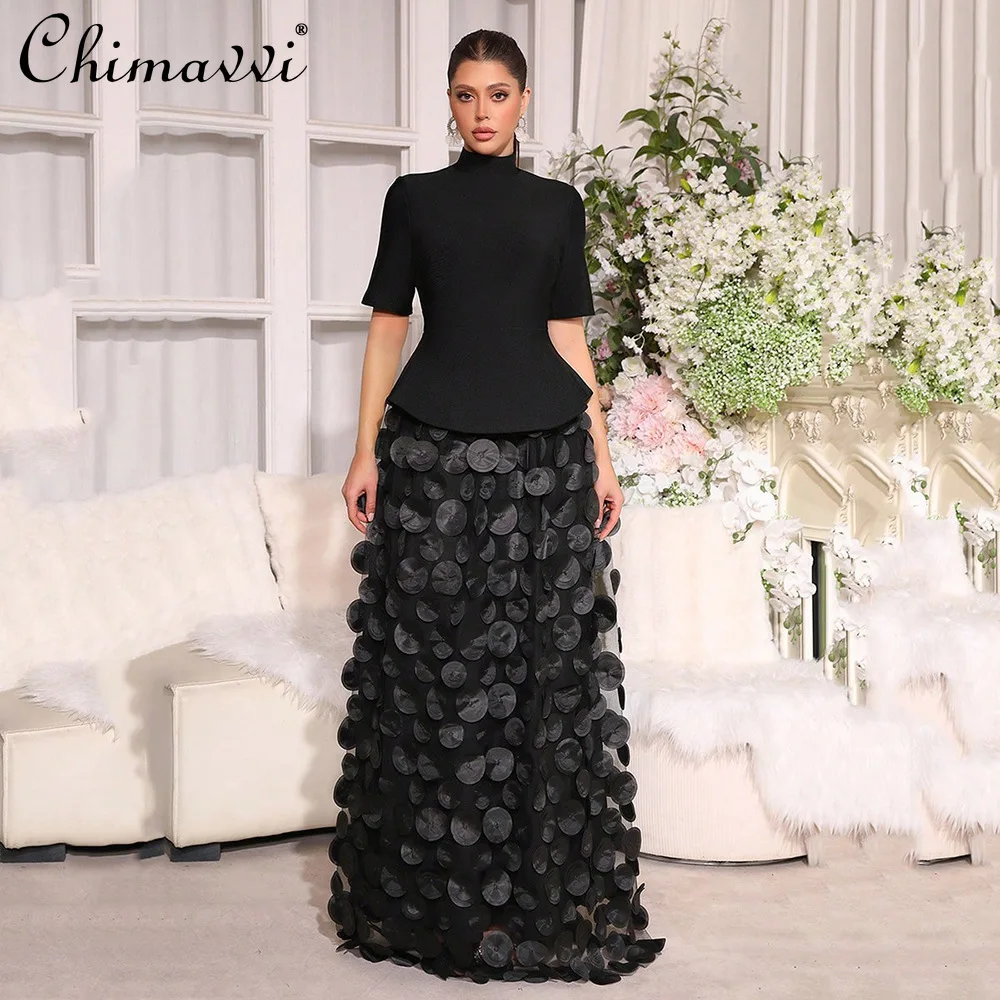 

French Style Elegant Temperament Black Stand Collar Short Sleeve Bandage Long Dresses 3D Floral Puffy Evening Dress for Women