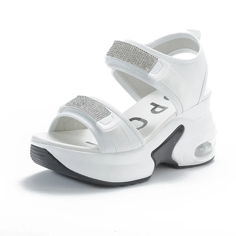 

8CM Bling Rhinestone New Genuine Leather Sandals Women Elevator Shoes Comfy Fashion Summer Platform Wedge Ladies Hook&Loop Shoes