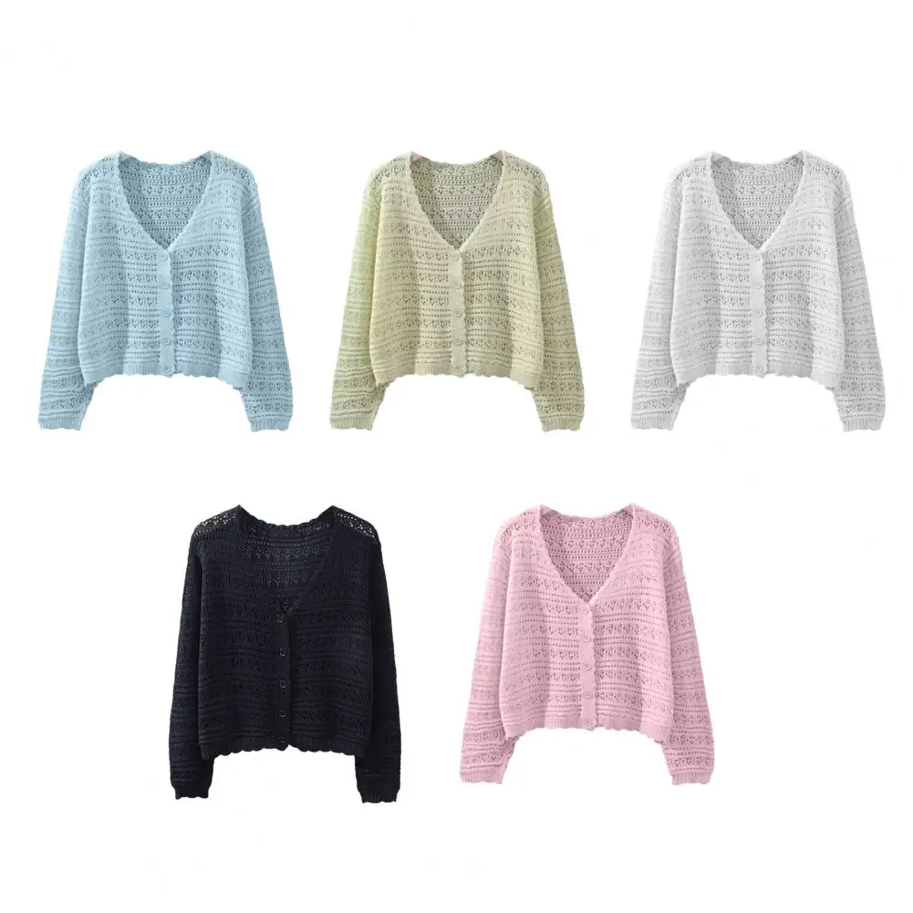 Summer Hollow Out Cardigan Women V-neck Stylish Sun-proof Sweet Knitwear Casual Femme Solid All-match Long Sleeve Cozy Holiday