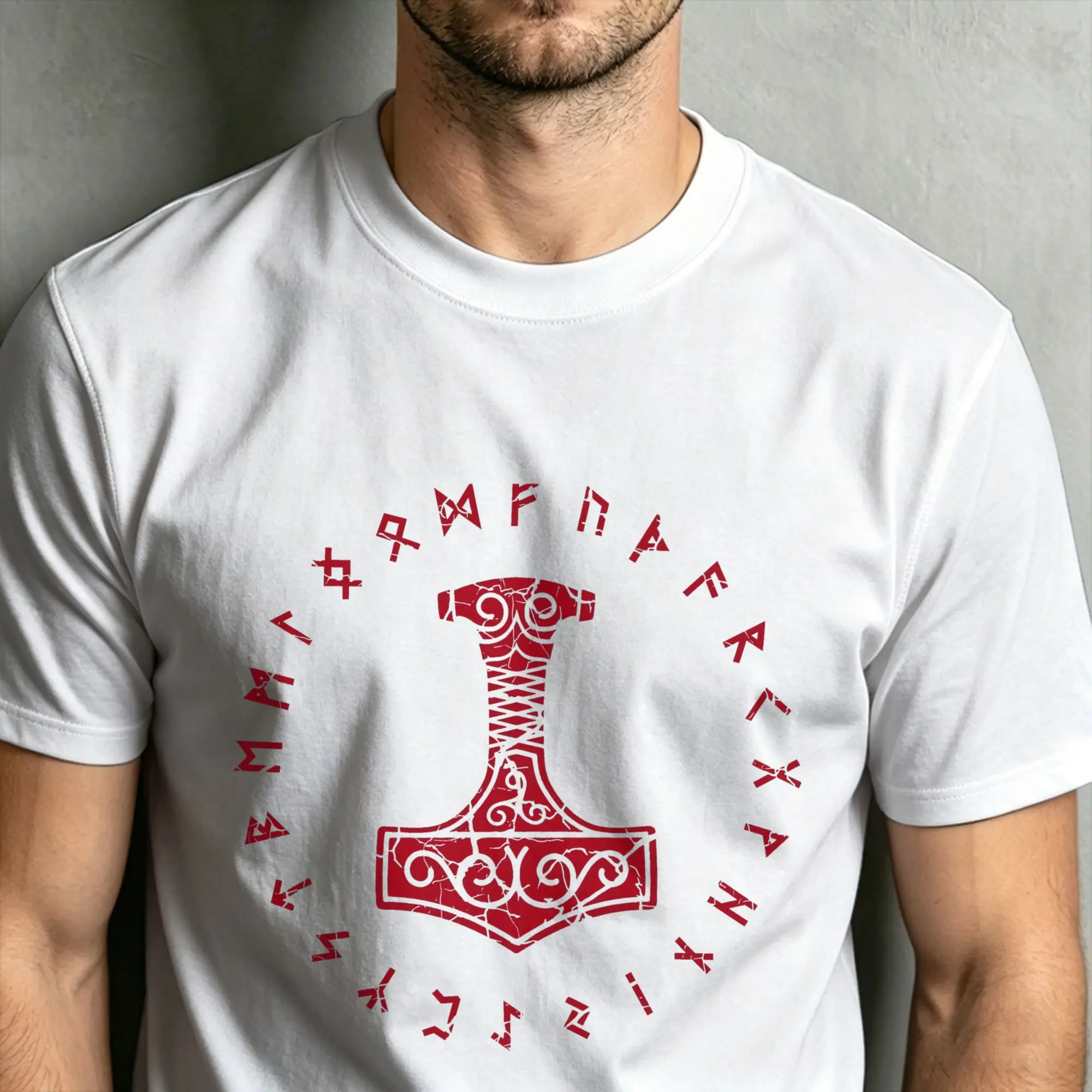 Men Norse Thors Hammer Mjolnir Elder Futhark Viking Runes White Distressed T Shirt  Pure Cotton  Graphic Printed T-Shirts