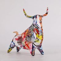 Resin Bull Statue Painted Colorful Cattle Figurine Animal Ox Sculpture Desktop Living Room Office Ornament Home Decor