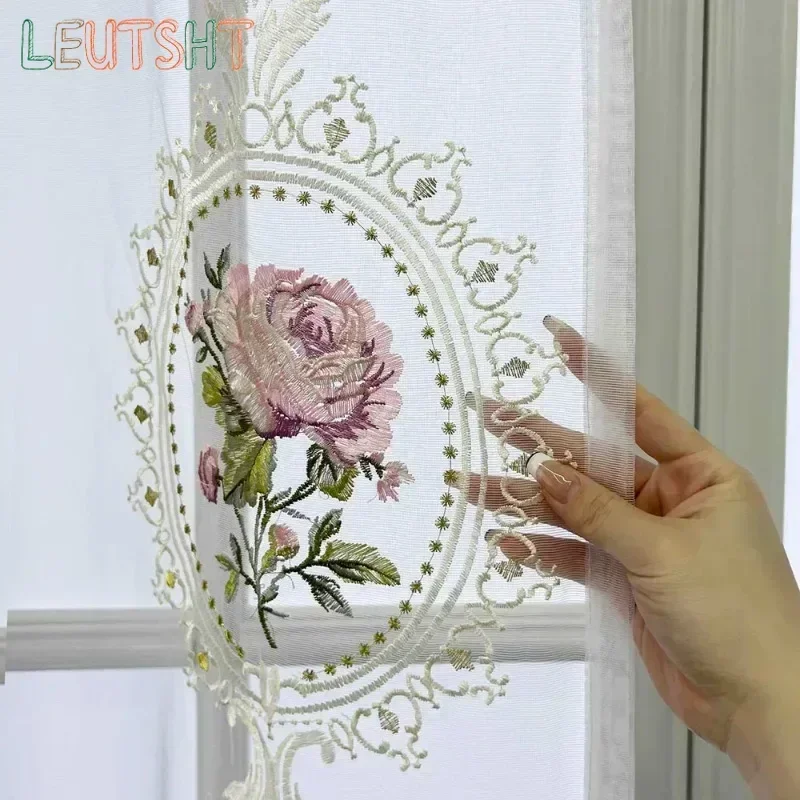 Cortina de tul con bordado de peonías de lujo americano para sala de estar, cortinas de gasa transparentes con bordado de flores elegantes europeas para dormitorio