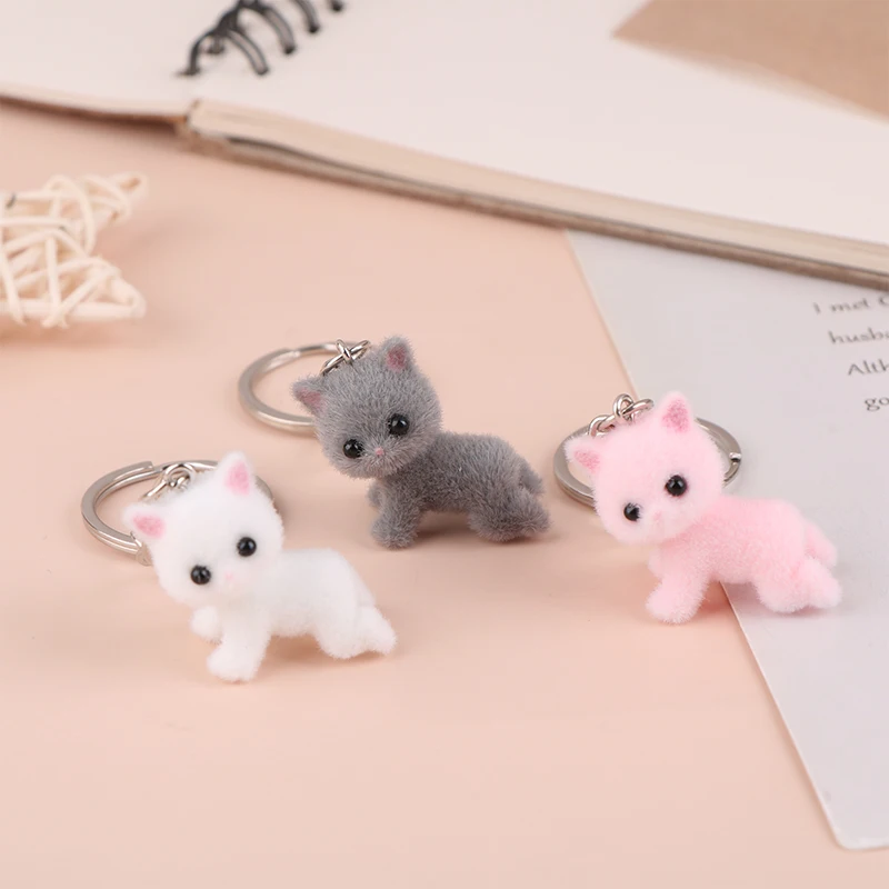 Cartoon 3D Flocking Lying Cat Keychain Cute Lying Down Kitten Animal Keyring Pendant DIY Backpack Charms Car Bag Decor Toy Gifts