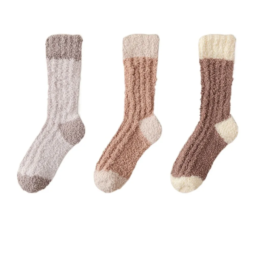 

3Pairs Cute Thickened Coral Fleece Socks Winter Simple Floor Plush Socks Hosiery Sleeping Mid Tube Socks Women For Female Men