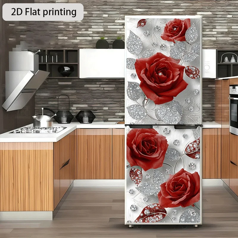 Refrigerator Sticker Red Rose with Rhinestone Accents and Floral Leaves Themed Design, Self-Adhesive Wall Decal Wallpaper, Sui