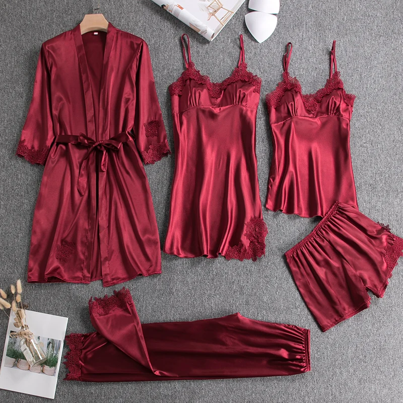 Pajamas Five Piece Set Casual Silk Satin Bathrobe Sexy Wedding Bride Robe Nightgown Summer Casual Female Home Clothes Loungewear