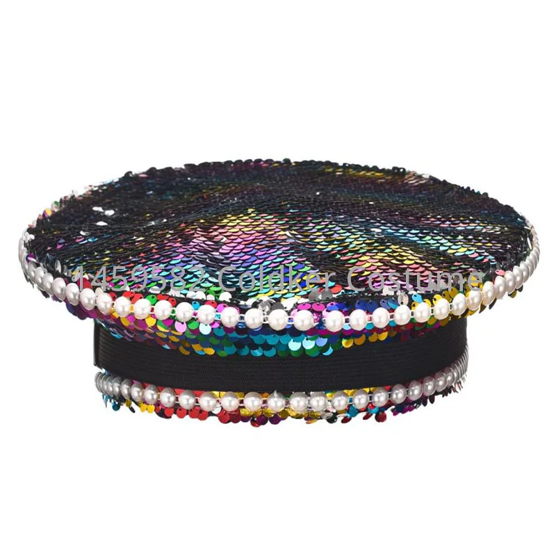 Headwear pérola e lantejoulas multicoloridas para homens e mulheres, festa rave, capitão cosplay, chapéu militar de luxo com strass, festival adulto