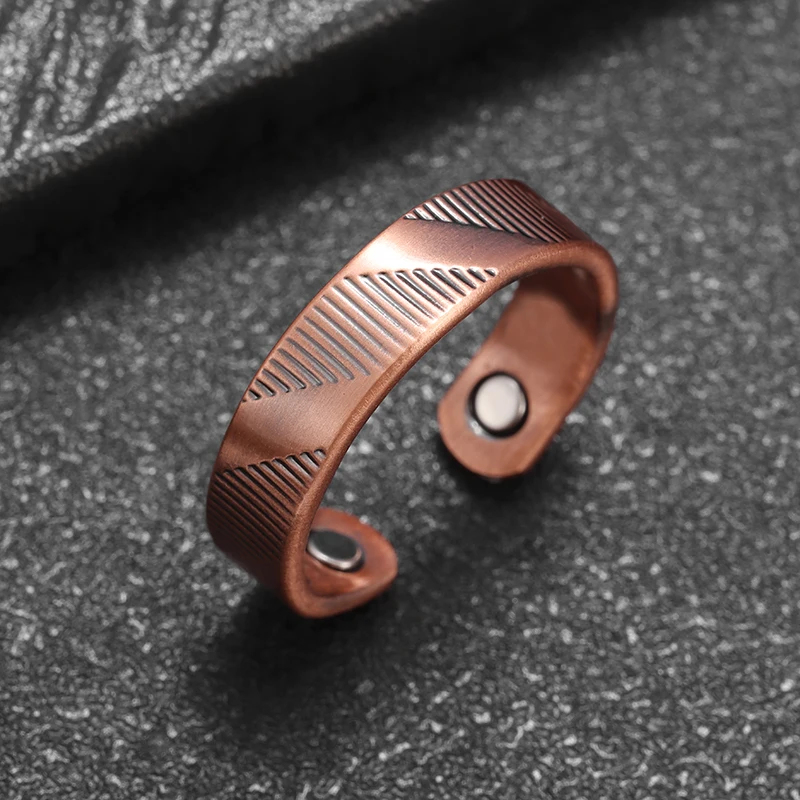 Retro Geometric Cut Textured Copper Open Ring for Men and Women To Treat Joint Pain and Healthy Jewelry