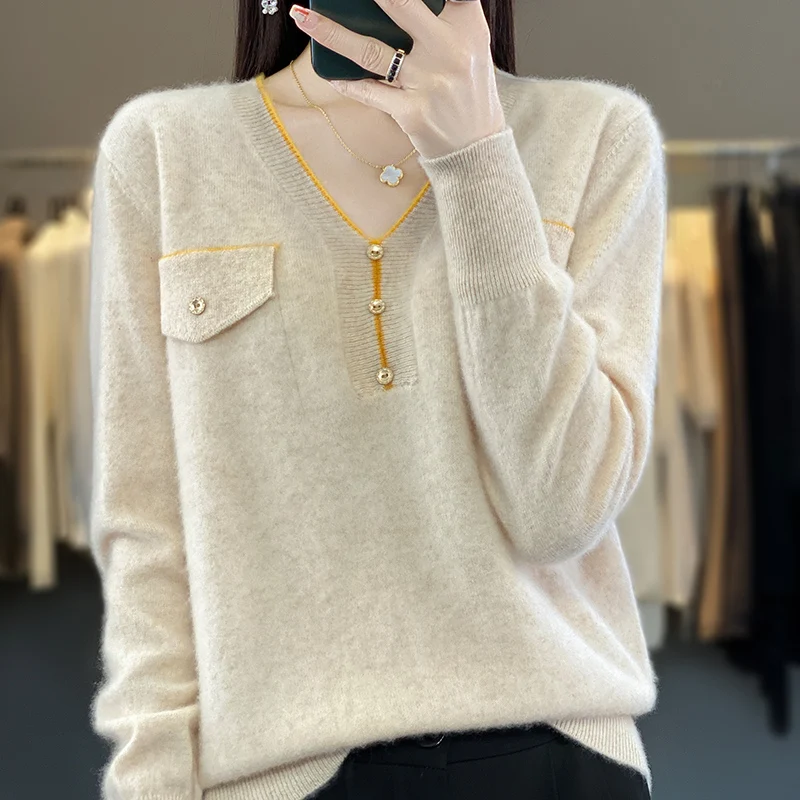 

100% Merino Wool Cashmere Sweater Women's Knitted Sweater V-neck Long Sleeve Pullover Autumn/Winter Casual Soft Warm Top