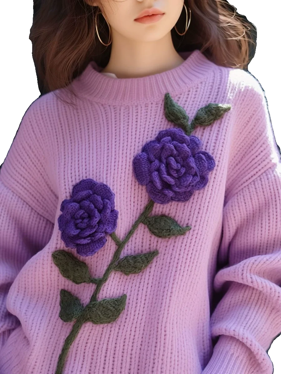 Purple 3d Flowers Patchwork Sweater Women Spring New Thicken Warm O-neck Long Sleeved Pullover Y2k Knitwear Ladies Sweater Tops