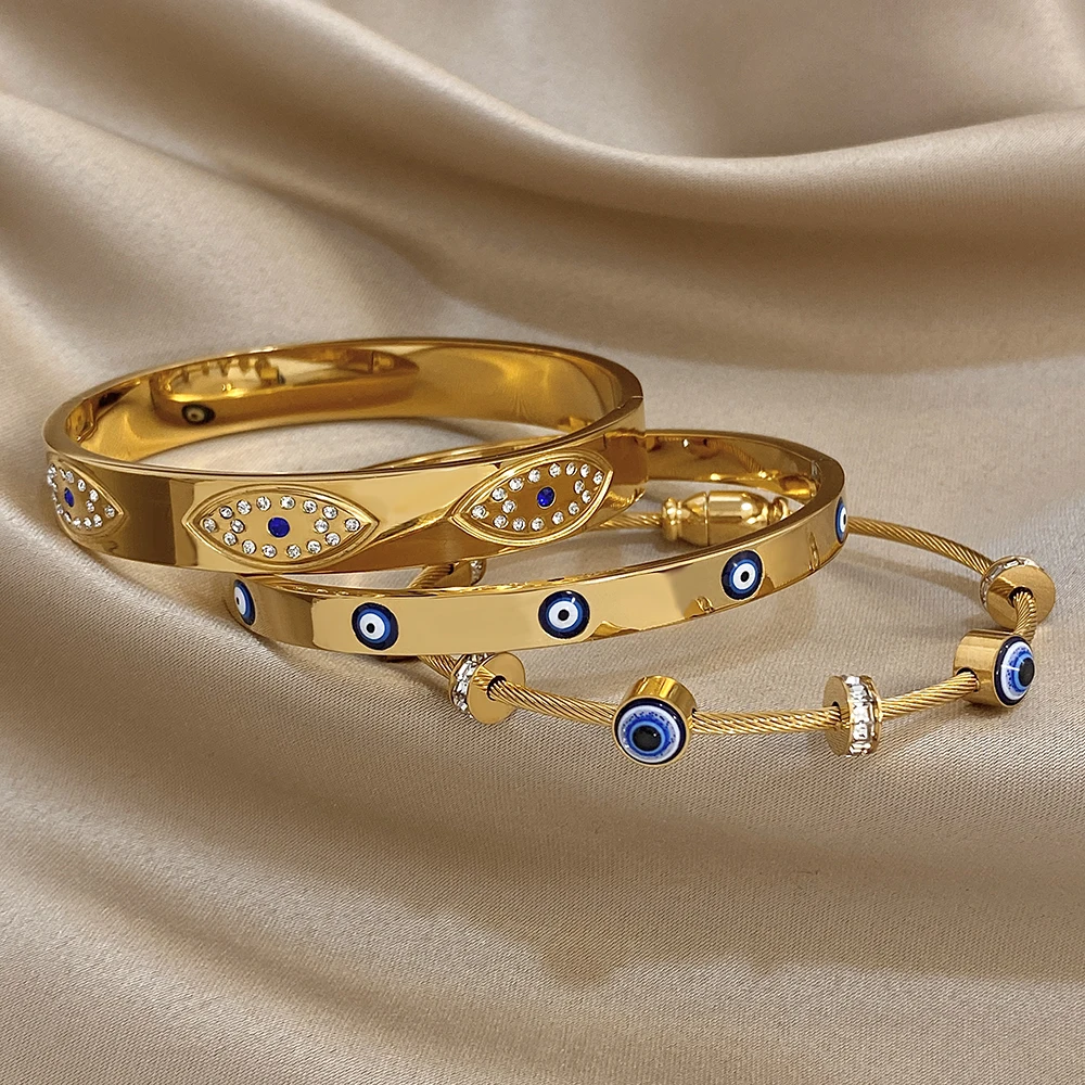 Neue Türkische Böse Augen Strass Edelstahl Manschette Armband Armreif Für Frauen Mode Vergoldet Wasserdicht Charme Schmuck – Detail 6