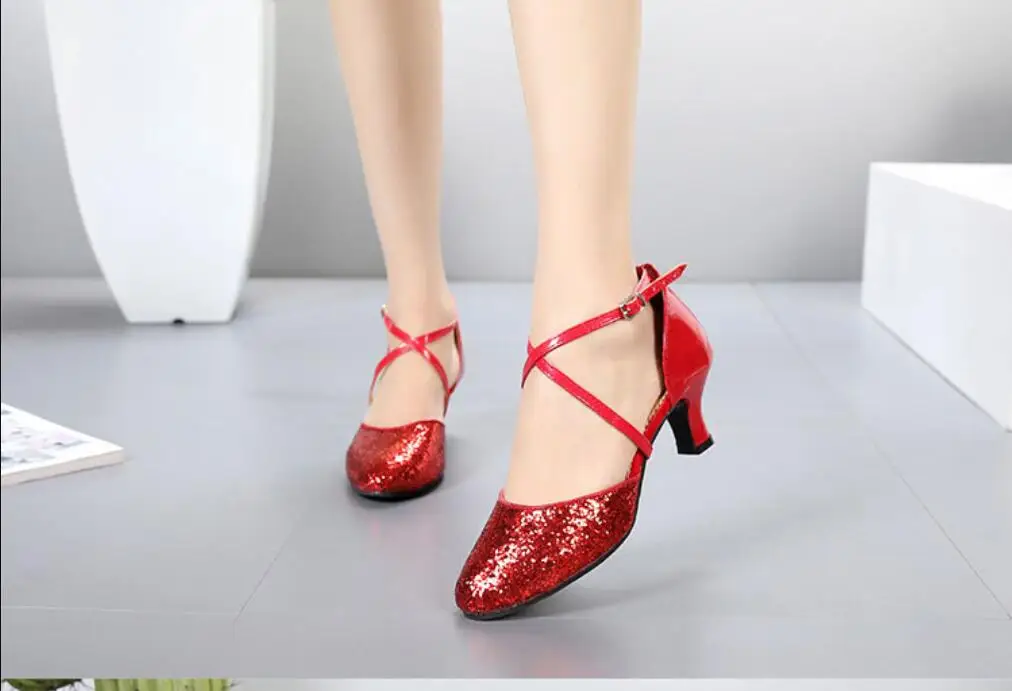 New Fashion Pu Leather Ballet Dance sequins Shoes For Women Middle Heel Soft Autumn Lace-Up Dance Shoes Latin Black dance Shoes