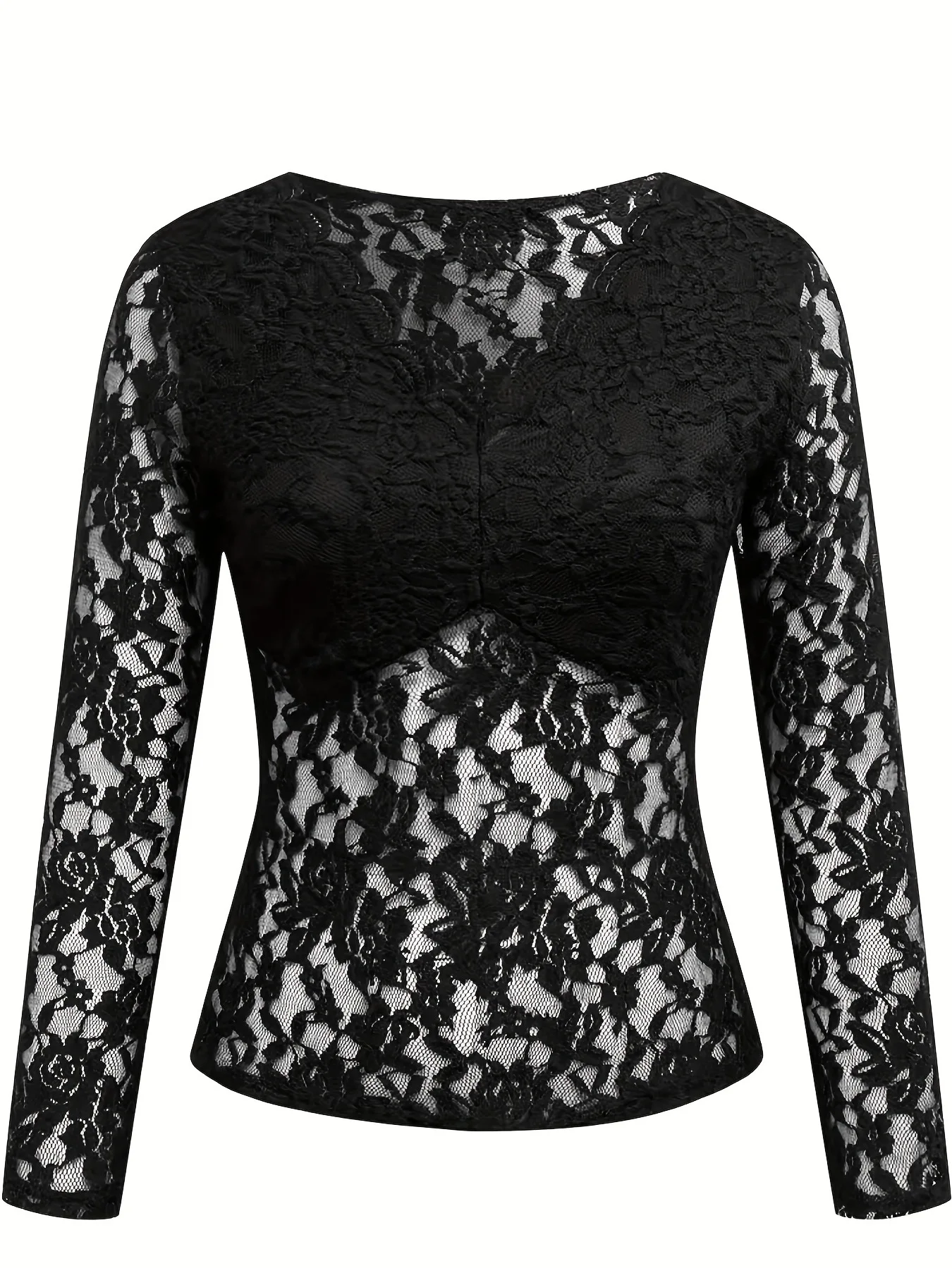 Schwarz, koreanisch, Stil, T-Shirt, schick, sexy, V-Ausschnitt, Spitze, Patchwork, Damen, Tops, Langarm, Bottoming-Shirt, Pullover, T-Shirts, neu, 522002