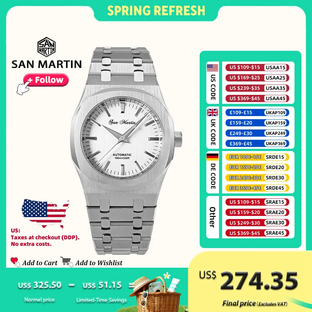 

San Martin 38.5mm Oak Luxury Men Watch Miyota 9015 Mechanical Watches With Self Winding Sapphire Bracelet 100m Waterproof SN0013