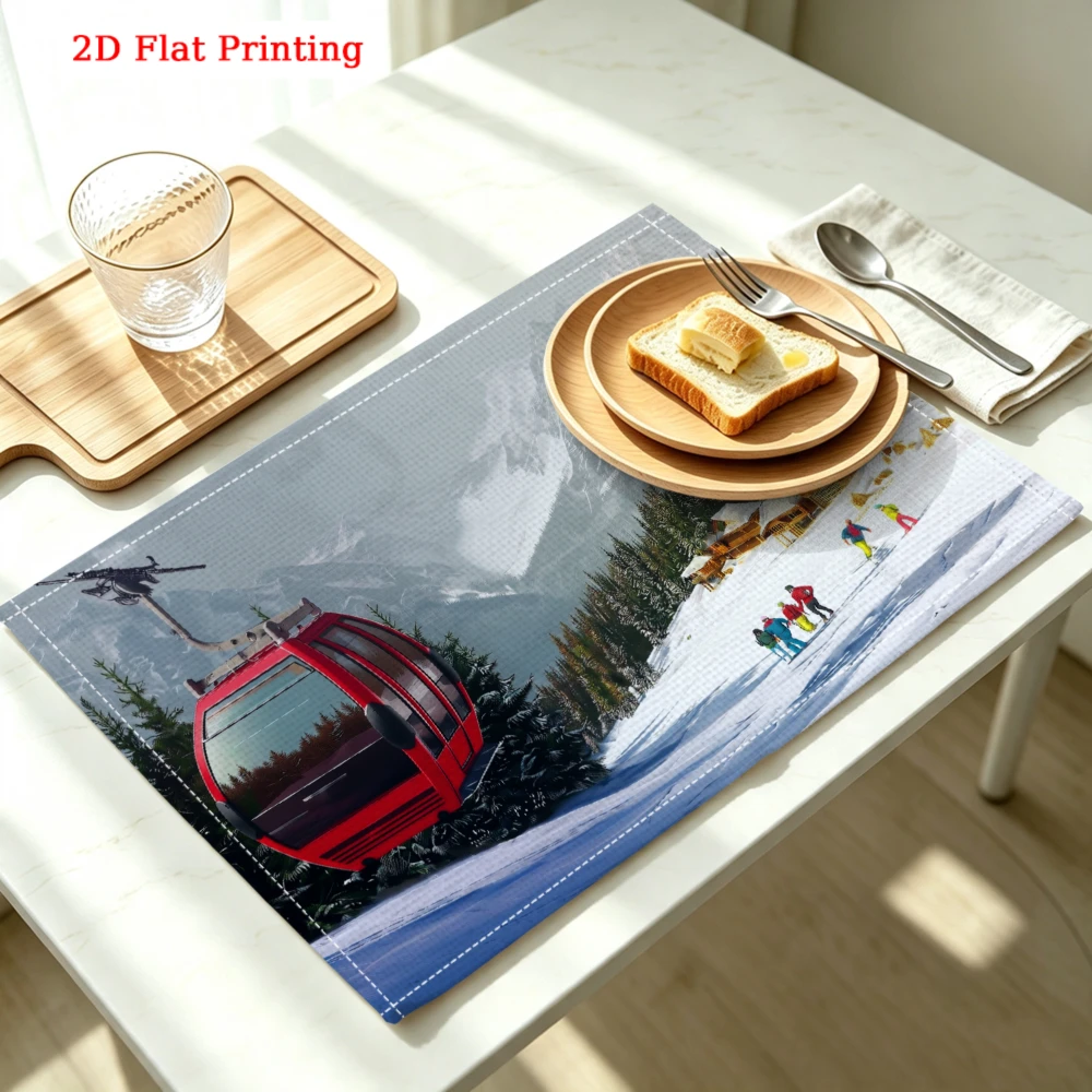 Ski Resort Cable Car Scene Kitchen Placemat Coaster Linen Pad Dish Coffee Cup Table Mat 30x40cm Home Decor