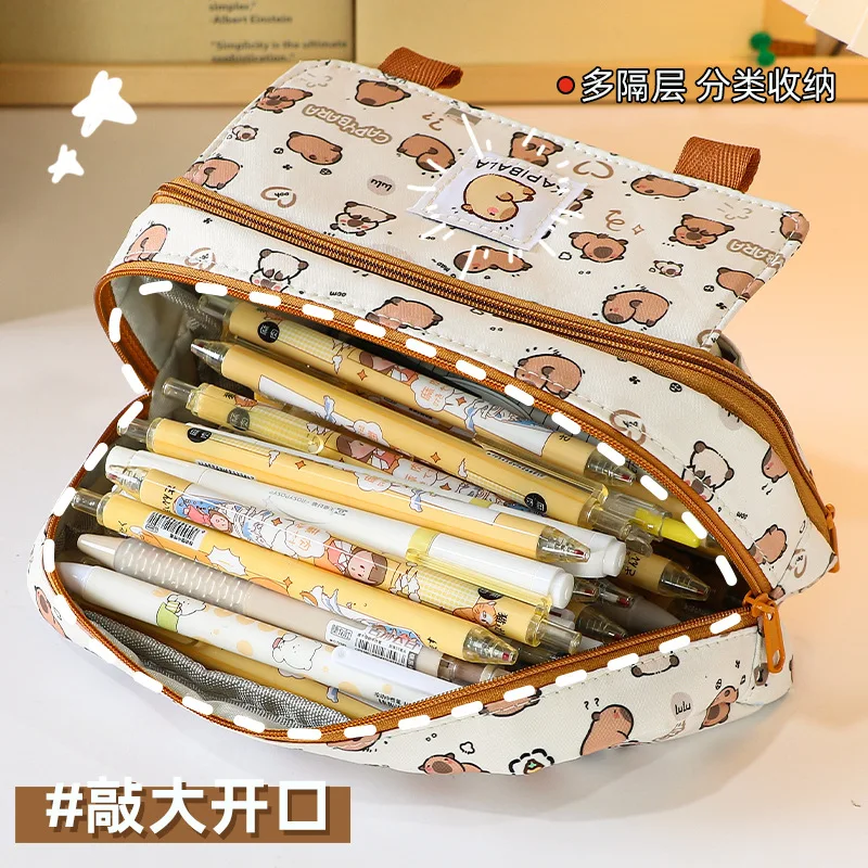 INS Capybara Large Pen Case Cute Cartoon Capybara Line Dog Pattern Pencil Bag Stationery Organizer Storage Bag Student's Gift image 3