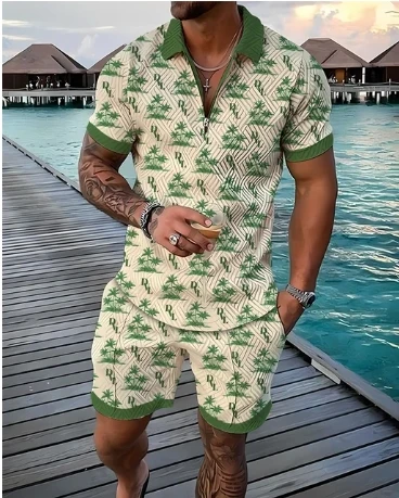 Summer New Men\'s 3D Printing Short Sleeve Zipper Polo Shirt Shorts Set Men Casual 2-piece Vacation Beach Set