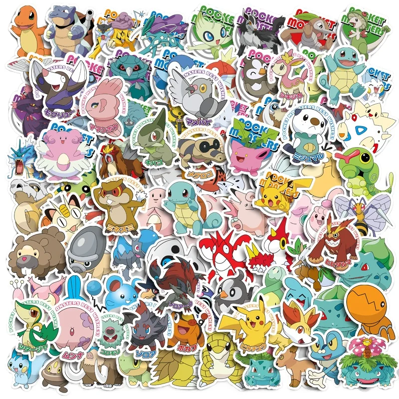 50/100PCS Kawaii Pikachu Anime Pokemon Stickers for Laptop Suitcase Skateboard Guitar Phone Cartoon Sticker Kid Gift Toys