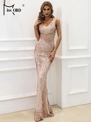 Missord Women Gold Evening Dress Elegant V Neck Sleeveless Sequins Waist See Through Bodycon Maxi Party Prom Dresses Long Gown