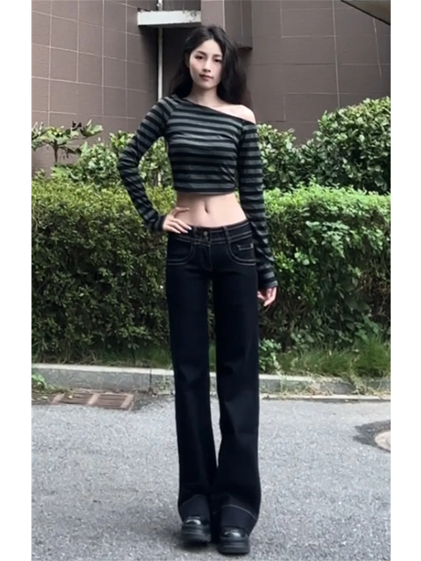 

Джинсы-клеш с низкой талией для женщин, свободного кроя, утягивающие, нестандартные, с высокой талией, удлиненные, в американском уличном стиле