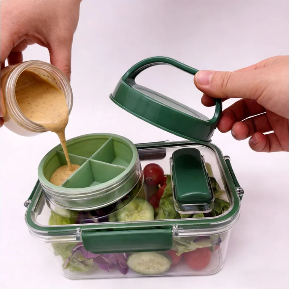 Portable 4 Section Salad Box with Leak Proof Design and 16cm Fork for Office Lunch Outdoor Picnic and Meal Planning