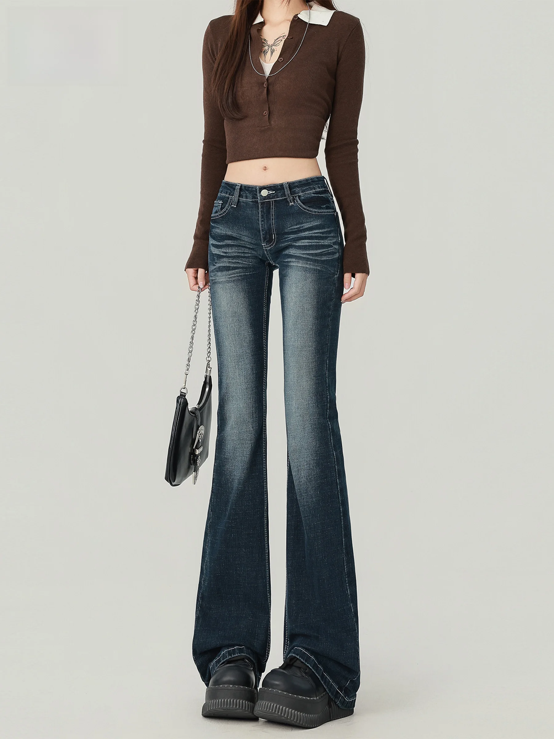 

Американские джинсы-клеш с низкой талией для женщин, эластичные, с эффектом похудения, повседневные, из смесового хлопка и полиэстера, средней эластичности