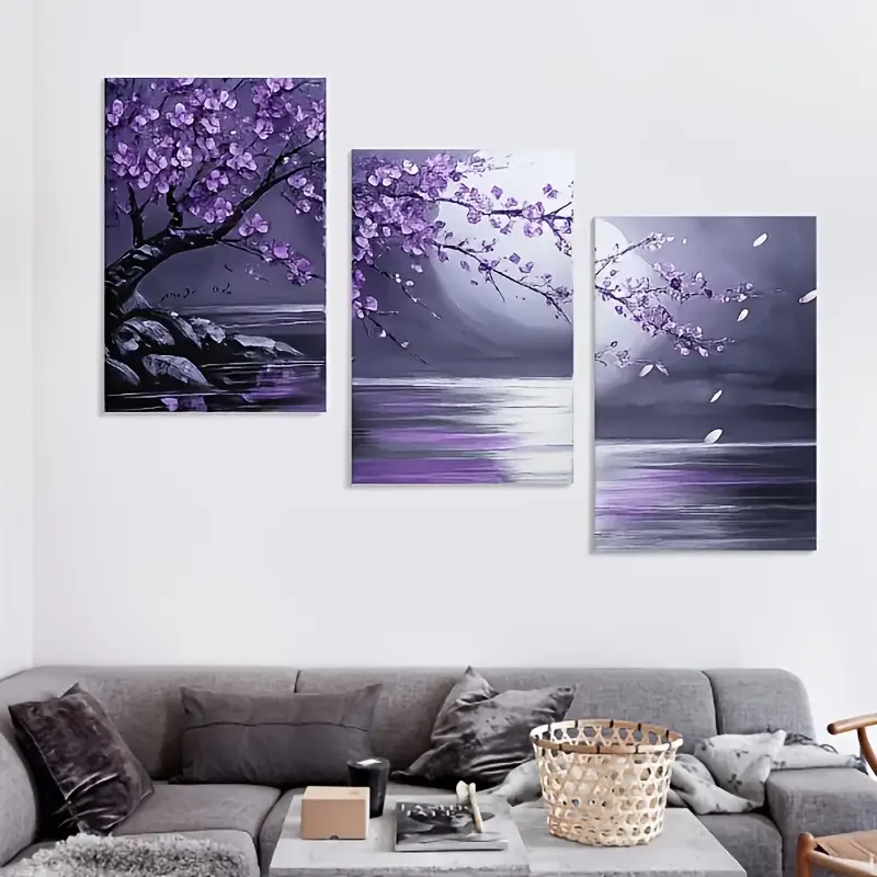 3pcs No Framed Canvas 2D Flat Framed Canvas Wall Art Set - Purple Flowers & Full Moon Design, Wooden Frame, Ready to Hang - Idea