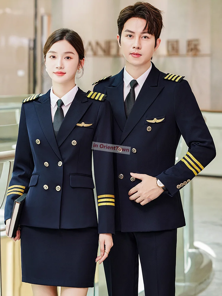 Uomo Pilot Uniform Air Captain Jacket Pants Airline Woman Top Pants Security Guard Manager Costume Fight Attendent Skirt Suit