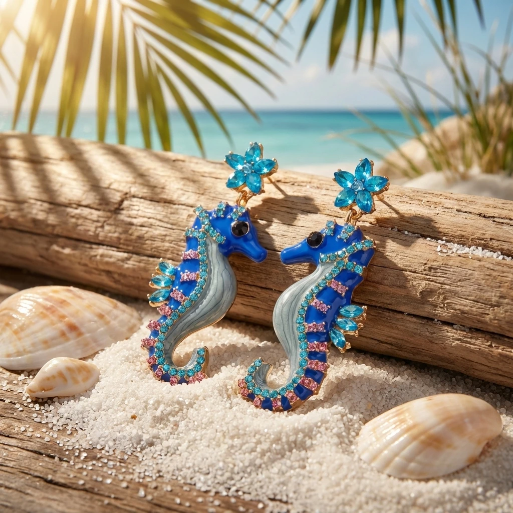 Luxuriöse Strass-Seepferdchen-Anhänger-Ohrringe für Damen, Persönliche Blaue Emaille-Meerestier-Ohrringe, Sommer-Schmuck – Detail 4
