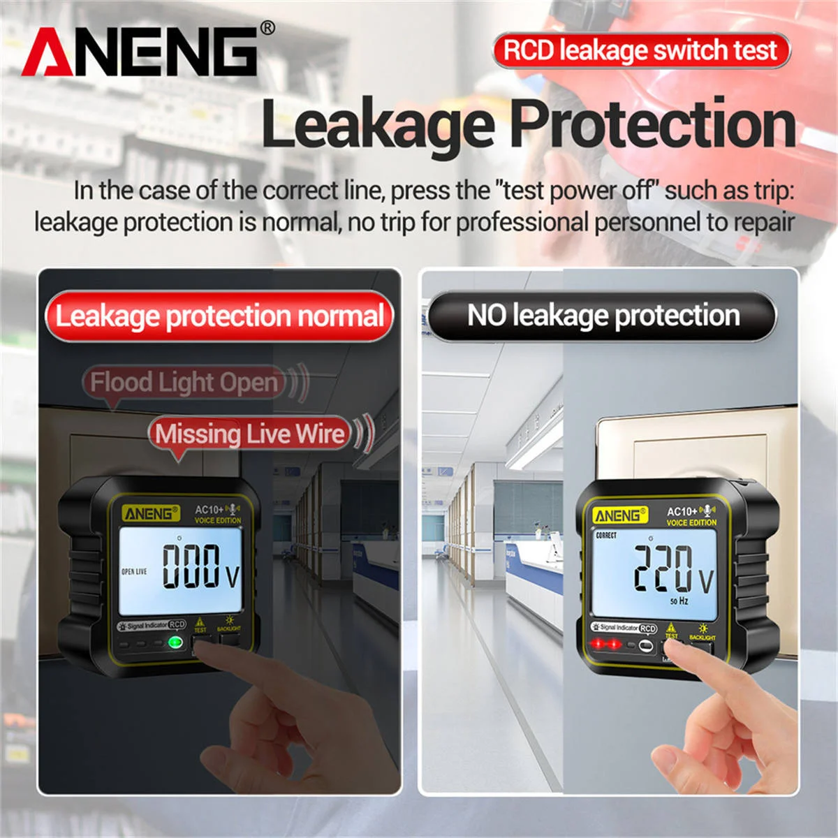 ANENG AC10+ Socket Testing Instrument with Voice Broadcast Outlet Checker US/EU Zero Fire Line Circuit Breaker 1 Year Warranty