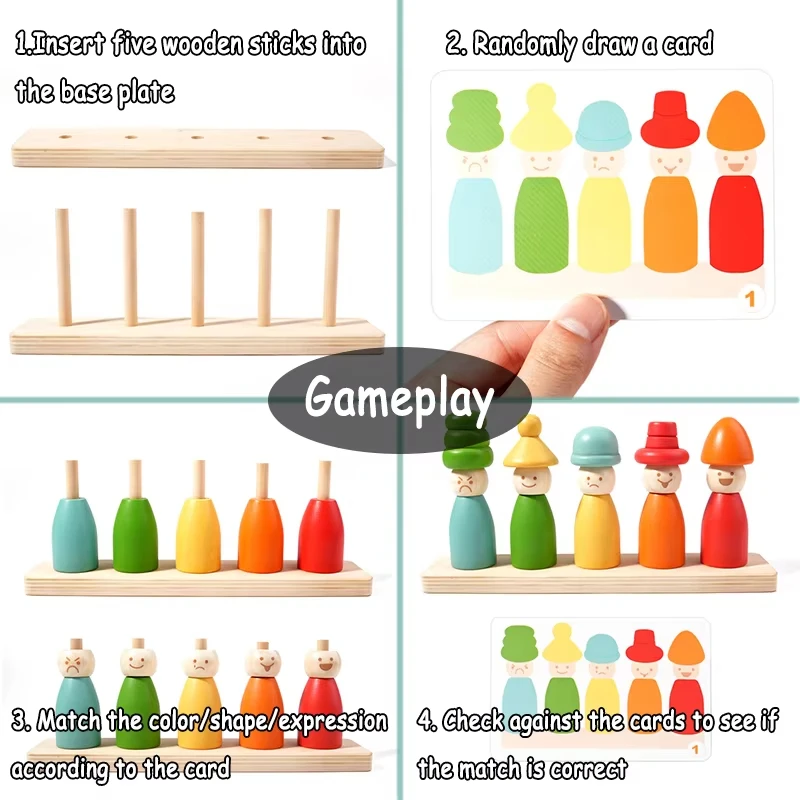 Kids Color Shape Stacked Matching Game Montessoris Wooden Toys Fine Motor Skills Puppet Hat Face Match Creative Educational Toys