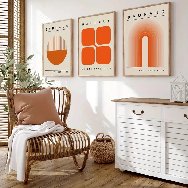 

3pcs/set Bauhaus Geometric Abstract Wall Art Orange Printed Materials Retro Posters, Geometric Exhibition Home Decoration Prints