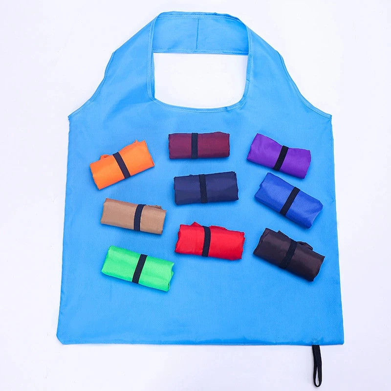5 Stück Einkaufstasche, einfarbig, umweltfreundlich, faltbar, wiederverwendbar, tragbare Schultertasche aus Polyester für Reisen, Lebensmittel – Detail 5