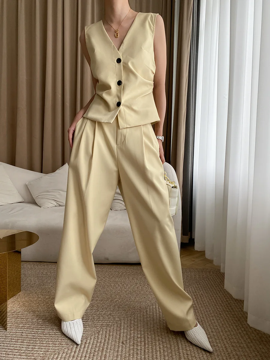 

Summer Fashion New Trousers Suit Women Solid Single-breasted Pleated Vest Wide-leg Pants Two Piece Set Women Elegant Lady Outfit