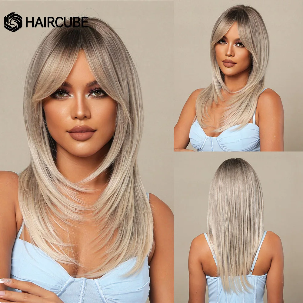 HAIRCUBE Ombre Brown Gray White Synthetic Wigs Long Straight Platinum Hair With Bangs for Women Daily Heat Resistant Layered Wig