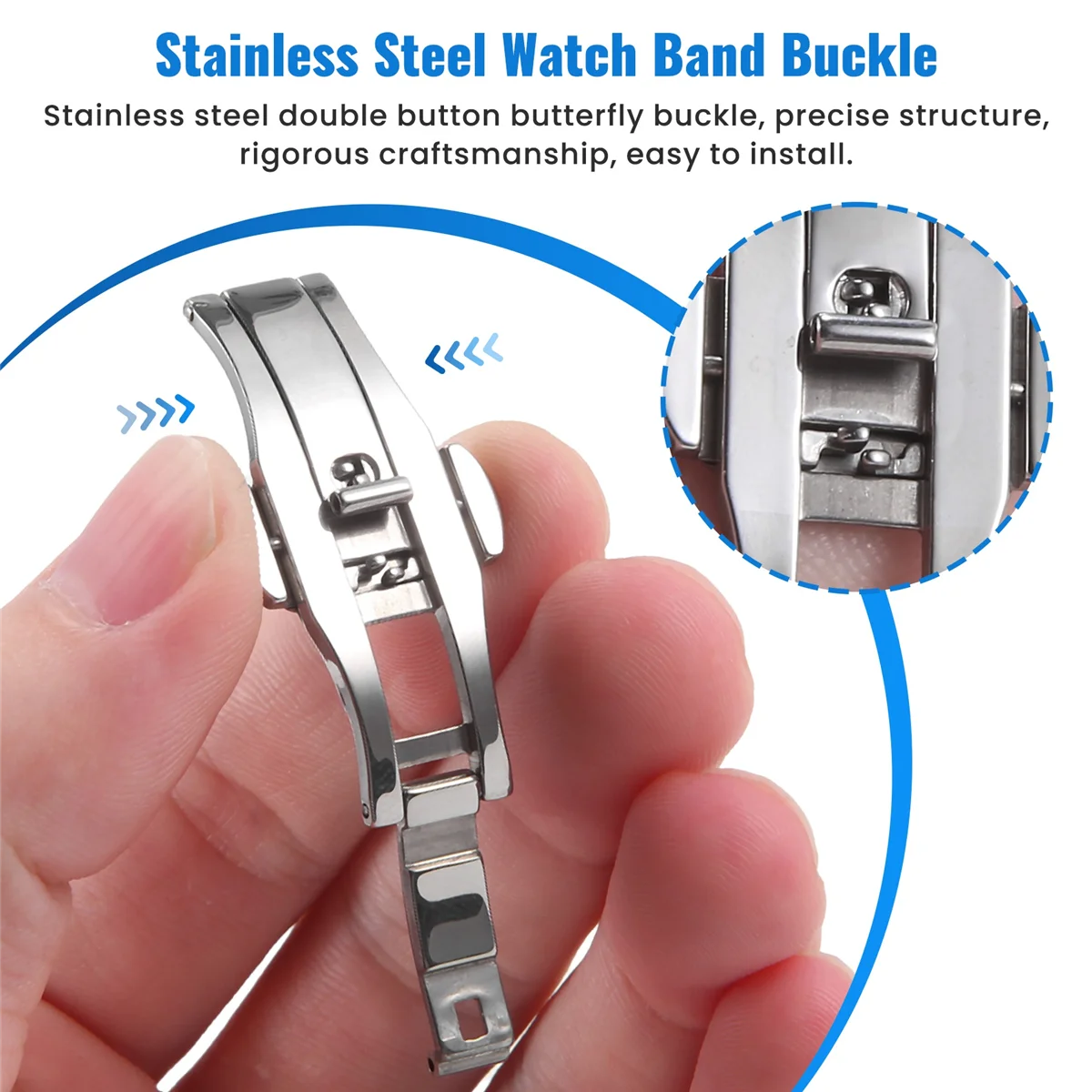 FZFZ Double Push Button Butterfly Clasp Buckle Silver For 21mm Watch Band Strap